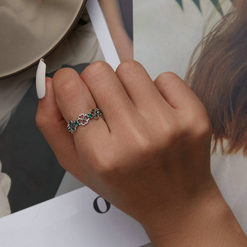 S925 Silver Four-leaf Clover Ring for Women